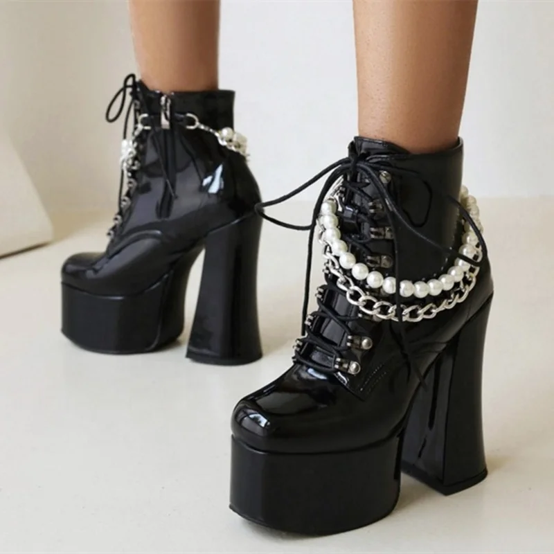 Fashion Side Zipper Elegant Pearl Chain Ankle Boots Black Square Toe Platform Short Boots Lace up Chunky Heel Big Size 43
Fashion Side Zipper Elegant Pearl Chain Ankle Boots Black Square Toe Platform Short Boots Lace up Chunky Heel Big Size 43