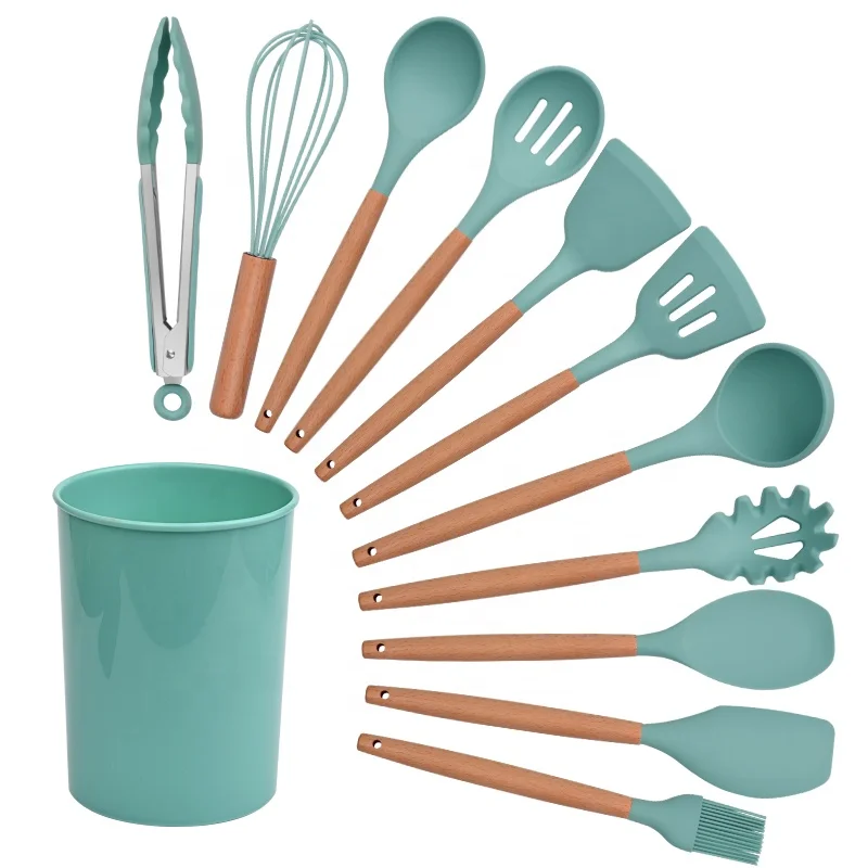 New Arrival Ins Style Colorful Food Grade Silicone 12pcs Wooden Handle Kitchen Utensil Set with Holder, Black/sky green
New Arrival Ins Style Colorful Food Grade Silicone 12pcs Wooden Handle Kitchen Utensil Set with Holder, Black/sky green