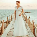 Ever-Pretty Floral Lace Tulle V-Neck Floor Length Wedding Dresses with Short Sleeve