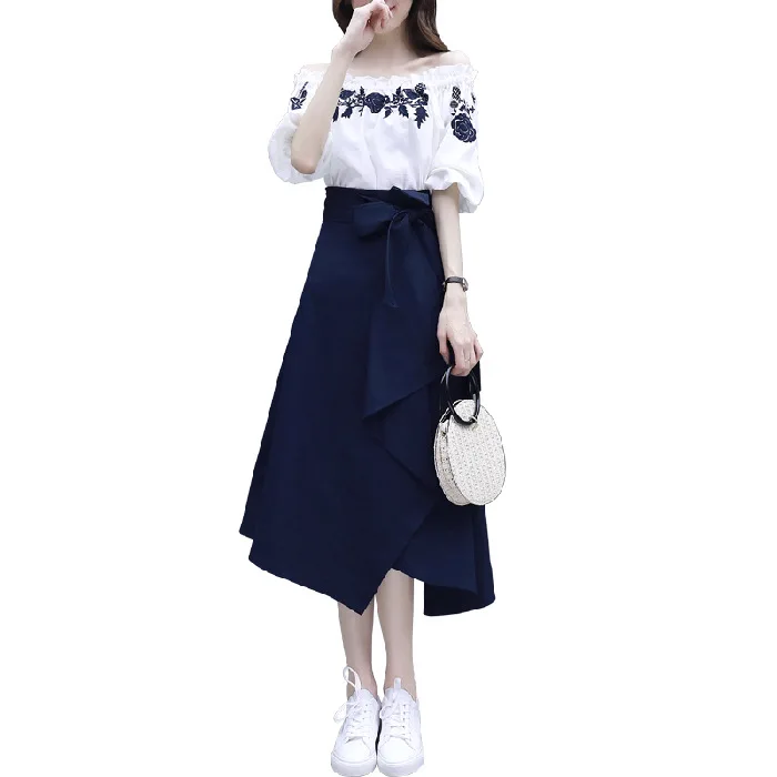 2021 new fashion dress set Korean style off-shoulder White top blue skirt women's clothing suit, As picture show
2021 new fashion dress set Korean style off-shoulder White top blue skirt women's clothing suit, As picture show