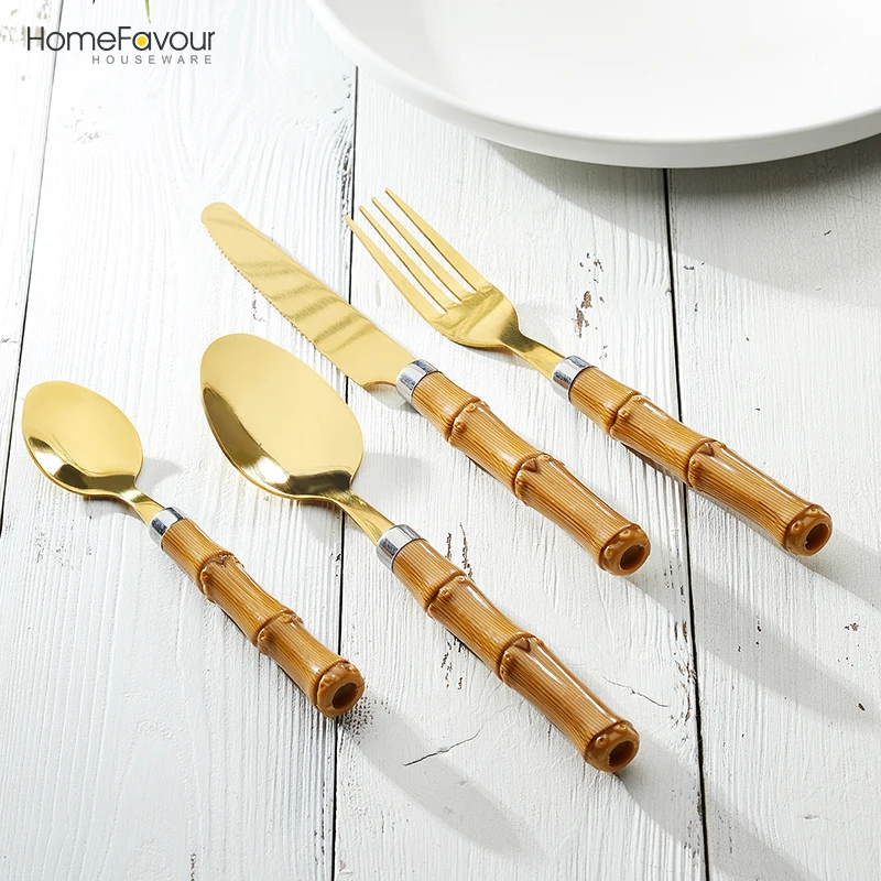 homefavour cutlery set plastic Imitation bamboo handle 4/16/18 pieces gold plated stainless steel fork spoon and knife set
homefavour cutlery set plastic Imitation bamboo handle 4/16/18 pieces gold plated stainless steel fork spoon and knife set