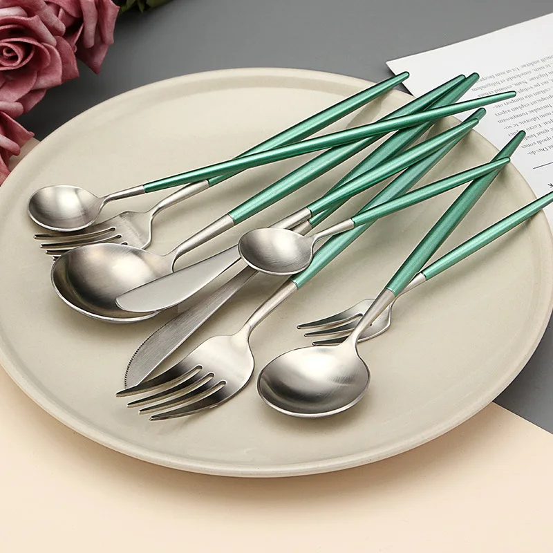 Wholesale high quality home table dinnerware tool use green silver stainless steel fork and spoon, Customized is available
Wholesale high quality home table dinnerware tool use green silver stainless steel fork and spoon, Customized is available