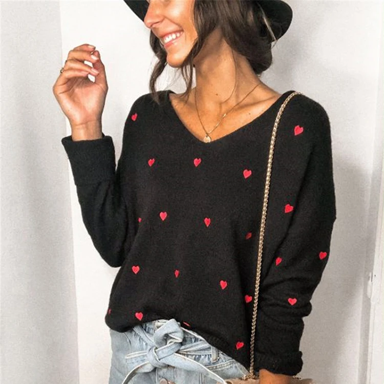 Fashion Ladies Heart Printed V Neck Long Sleeve Knitted Loose Pullover Top Women's Sweaters, Black / white / green / blue / apricot
Fashion Ladies Heart Printed V Neck Long Sleeve Knitted Loose Pullover Top Women's Sweaters, Black / white / green / blue / apricot