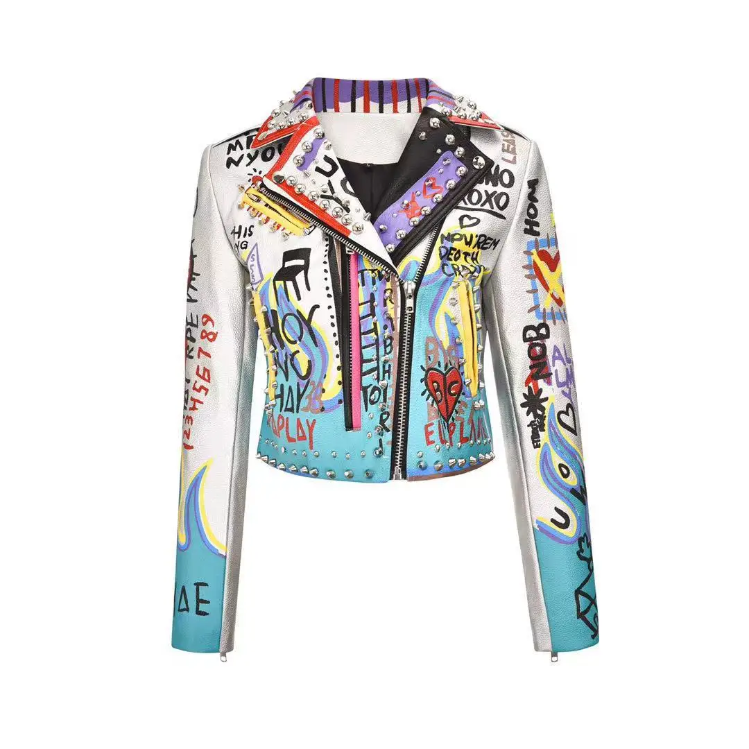Custom Short Leather Silver Eagle Graffiti Printing Heavy Rivets Fried Street Leather Motorcycle Jacket Women
Custom Short Leather Silver Eagle Graffiti Printing Heavy Rivets Fried Street Leather Motorcycle Jacket Women