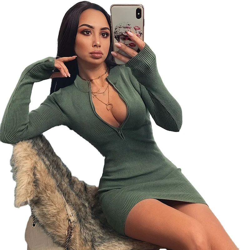 Ladies Long Sleeve Zipper Knit Bodycon Mini Women Dresses Sexy Casual Dresses, Shown
Ladies Long Sleeve Zipper Knit Bodycon Mini Women Dresses Sexy Casual Dresses, Shown