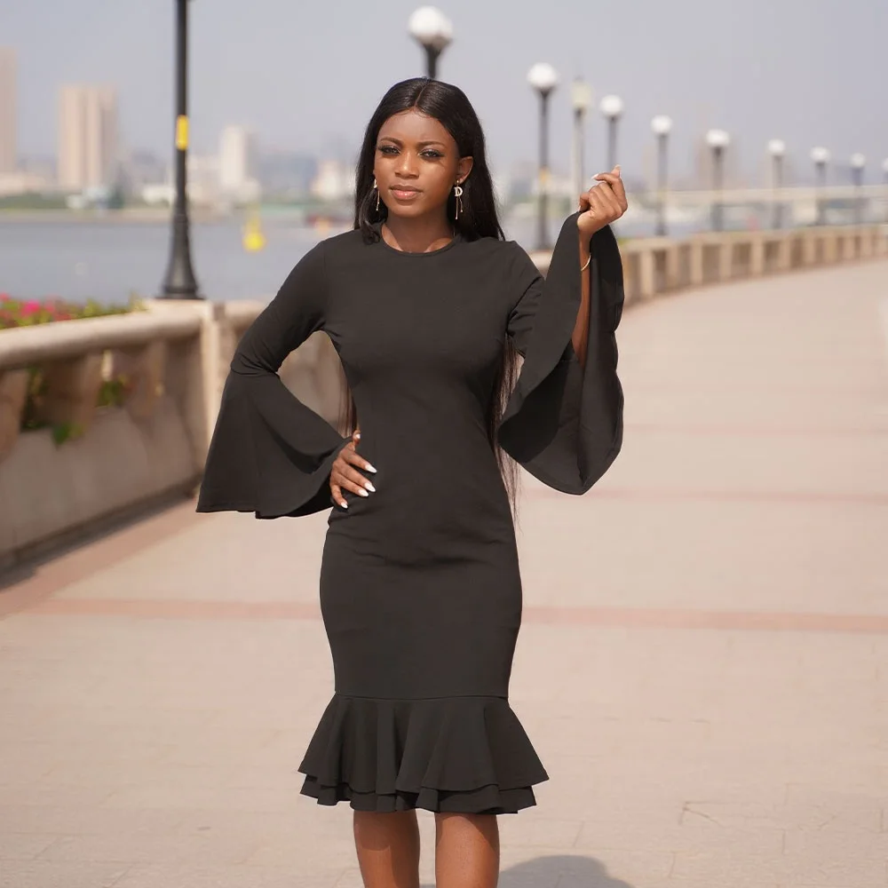 2021 Latest design high quality elegant women dress long flare sleeve midi solid dress bodycon mermaid dress, Black
2021 Latest design high quality elegant women dress long flare sleeve midi solid dress bodycon mermaid dress, Black