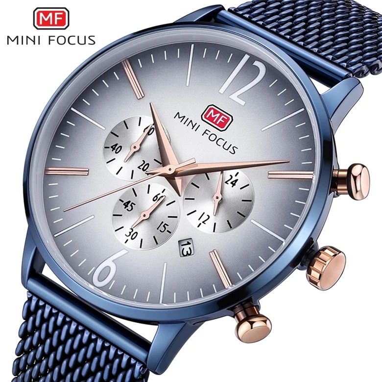 

MINI FOCUS Unique Fashion Watch Men Quartz Analog Clock Blue Mesh Strap 3 Sub-dial Multifunction Top Brand Luxury Sports Watches