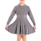 Pleated Jumper Dress Crew Neck Button School Uniform Long Sleeve Button Front Cotton Knit Little Girls Casual Dresses