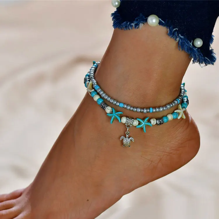 

SC 2021 Fashion Layered Charms Ankle Bracelet Anklet Personalized Handmade Starfish Turtle Conch Beaded Anklet for Women Girls, Blue