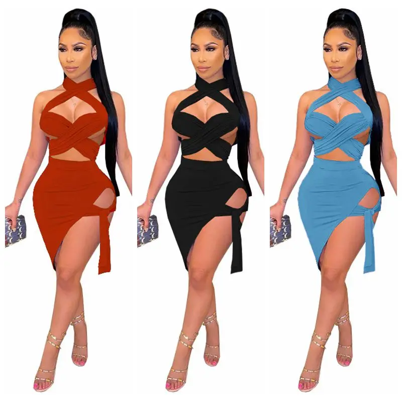 Sexy Cut Out Halter Solid Clothing Bandage Club Wear Set Two Piece Dress For Women 
Sexy Cut Out Halter Solid Clothing Bandage Club Wear Set Two Piece Dress For Women