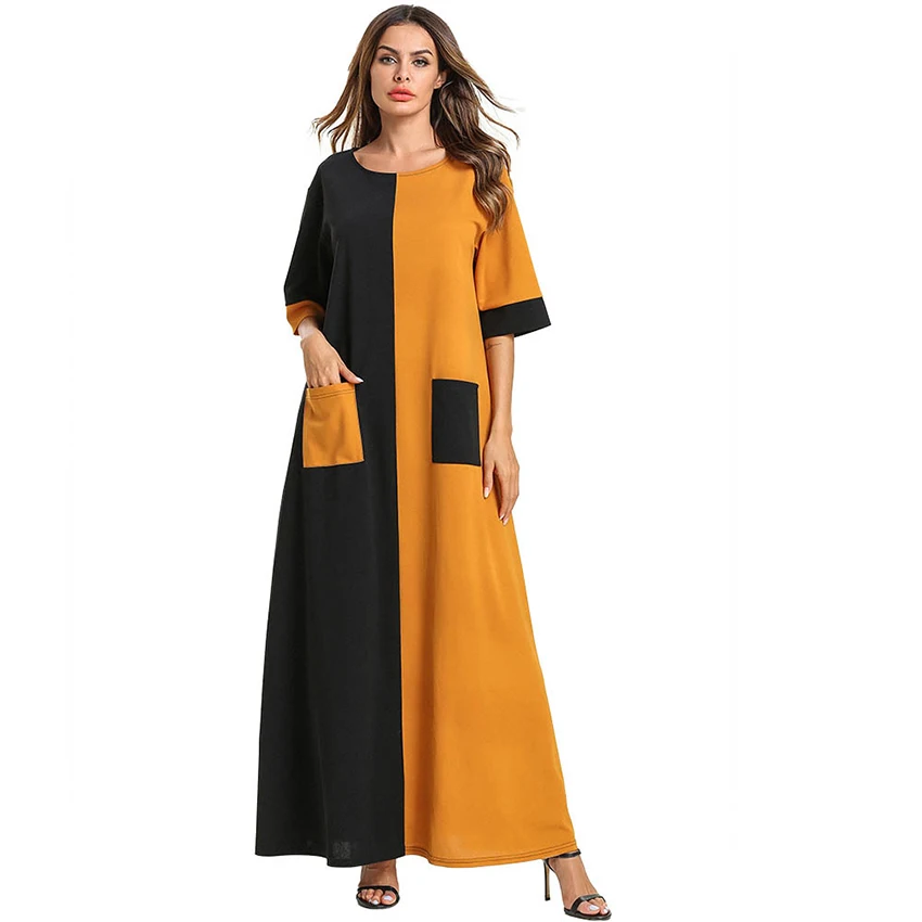 

Simple fashion long sleeve splicing new model abaya in dubai thin dress Muslim robe loose long Dresses
