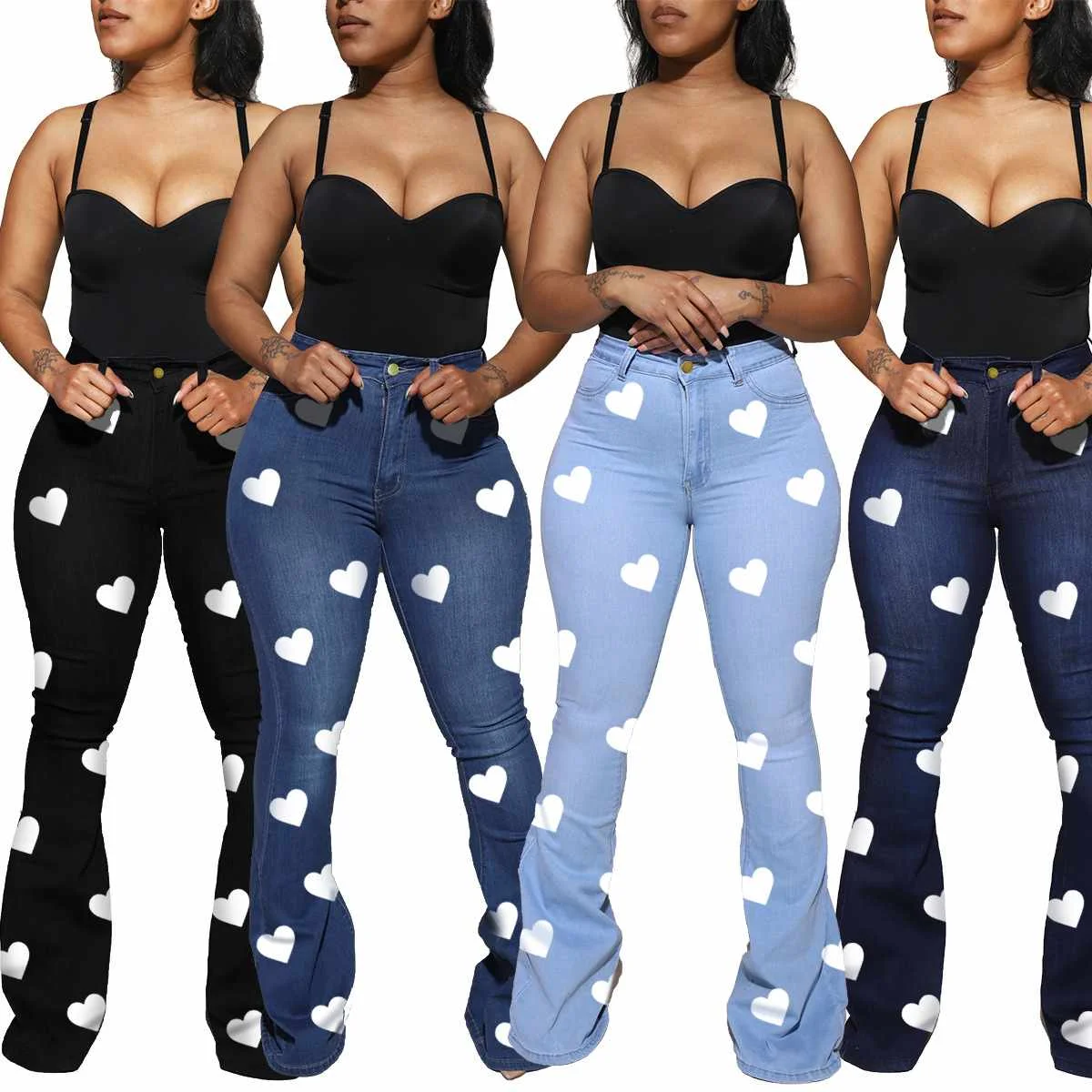 Hot Selling Love Print Denim Flares Pants Women Classic High Waist Plus Size Women Jeans
Hot Selling Love Print Denim Flares Pants Women Classic High Waist Plus Size Women Jeans