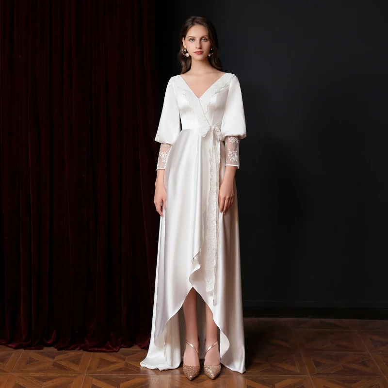 #3091 100% Real Photos Deep V-Neck Shiny Satin Long Sleeve Sexy Plus White Wedding Dress For Mature Woman 
#3091 100% Real Photos Deep V-Neck Shiny Satin Long Sleeve Sexy Plus White Wedding Dress For Mature Woman