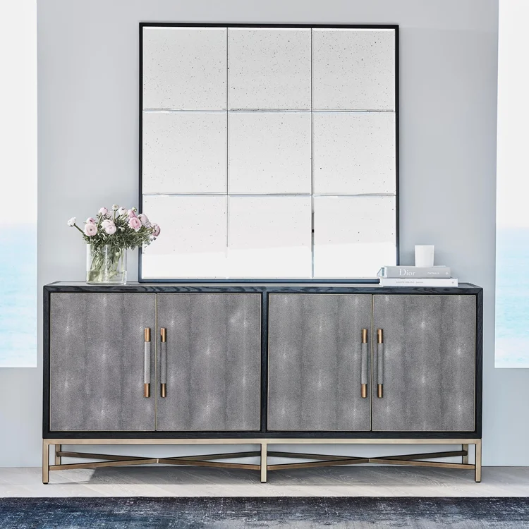 Contemporary 4 doors gold base faux shagreen leather sideboard