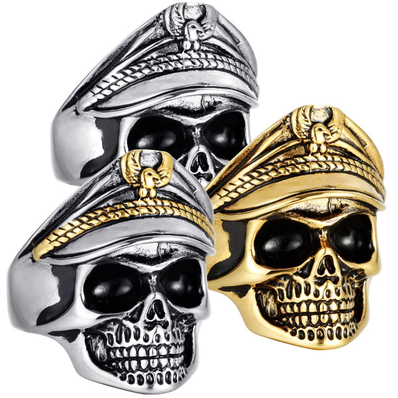 

Titanium Steel Double Eagle Officer Ring Retro Punk Stainless Steel Undead Army Skull Ring