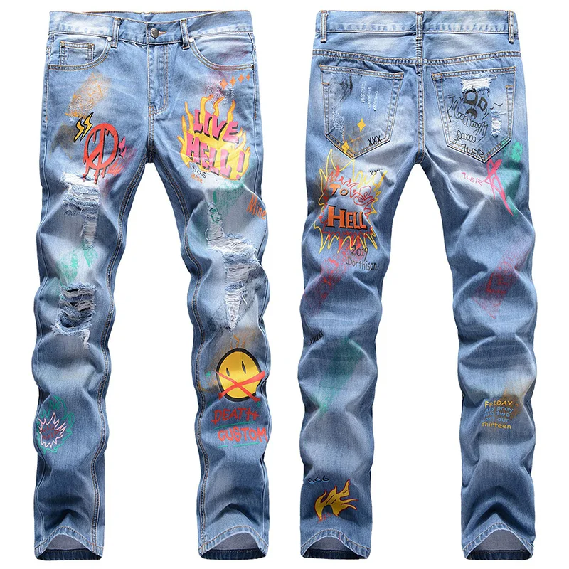 Plus Size Blue Ripped Jeans Boyfriend Hip Hop Colorful Smile Printing Denim Straight Pants Trousers Men Jeans, Customized color
Plus Size Blue Ripped Jeans Boyfriend Hip Hop Colorful Smile Printing Denim Straight Pants Trousers Men Jeans, Customized color
