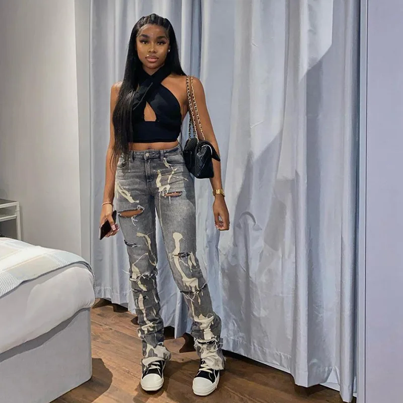 2021spring women's high-waisted jeans slimming printed straight-leg hole casual street style jeans
2021spring women's high-waisted jeans slimming printed straight-leg hole casual street style jeans