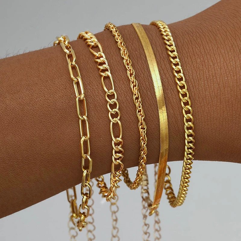 Fashion Gold Multilayer Chain Bracelet Snake Figaro Link Chain Bracelet Set for Women
Fashion Gold Multilayer Chain Bracelet Snake Figaro Link Chain Bracelet Set for Women