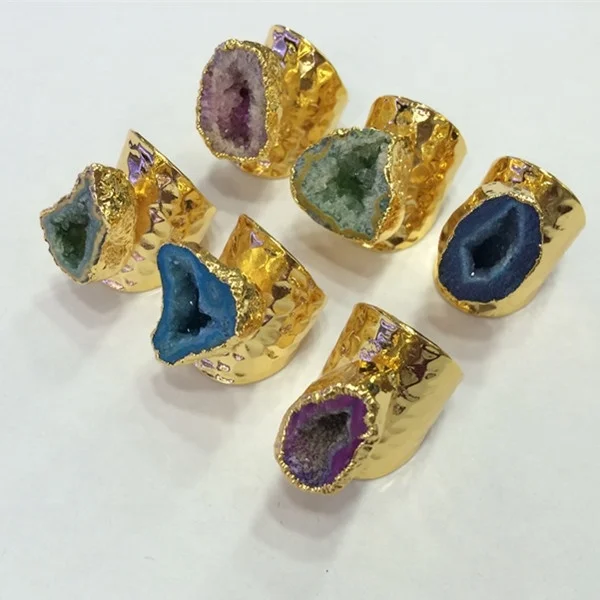 

LS-D2726 Cave Small Druzy Ring Dyed Colors Natural Agate Drusy Geode Ring Golden Electroformed Freeform Drusy Druzy Jewelry, Blue