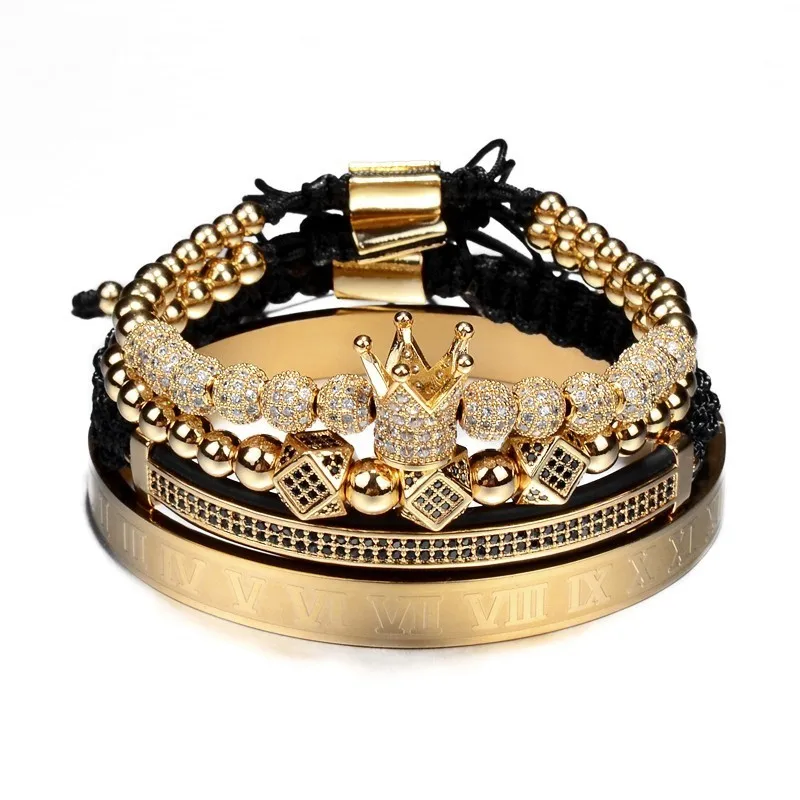 

Hot Sale Hip Hop Jewelry 4PCS Luxury Stainless Steel Roman Number Bangle Braided CZ Royal Crown Charm Bracelet Set