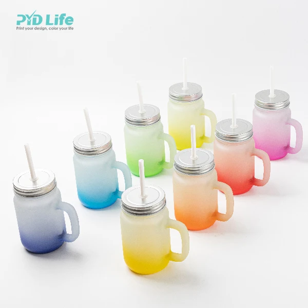 

PYD Life Wholesale 12oz Sublimation Blank Frosted Glass Gradient Color Mason Jars with Metal Lid And Plastic Straw, Colored