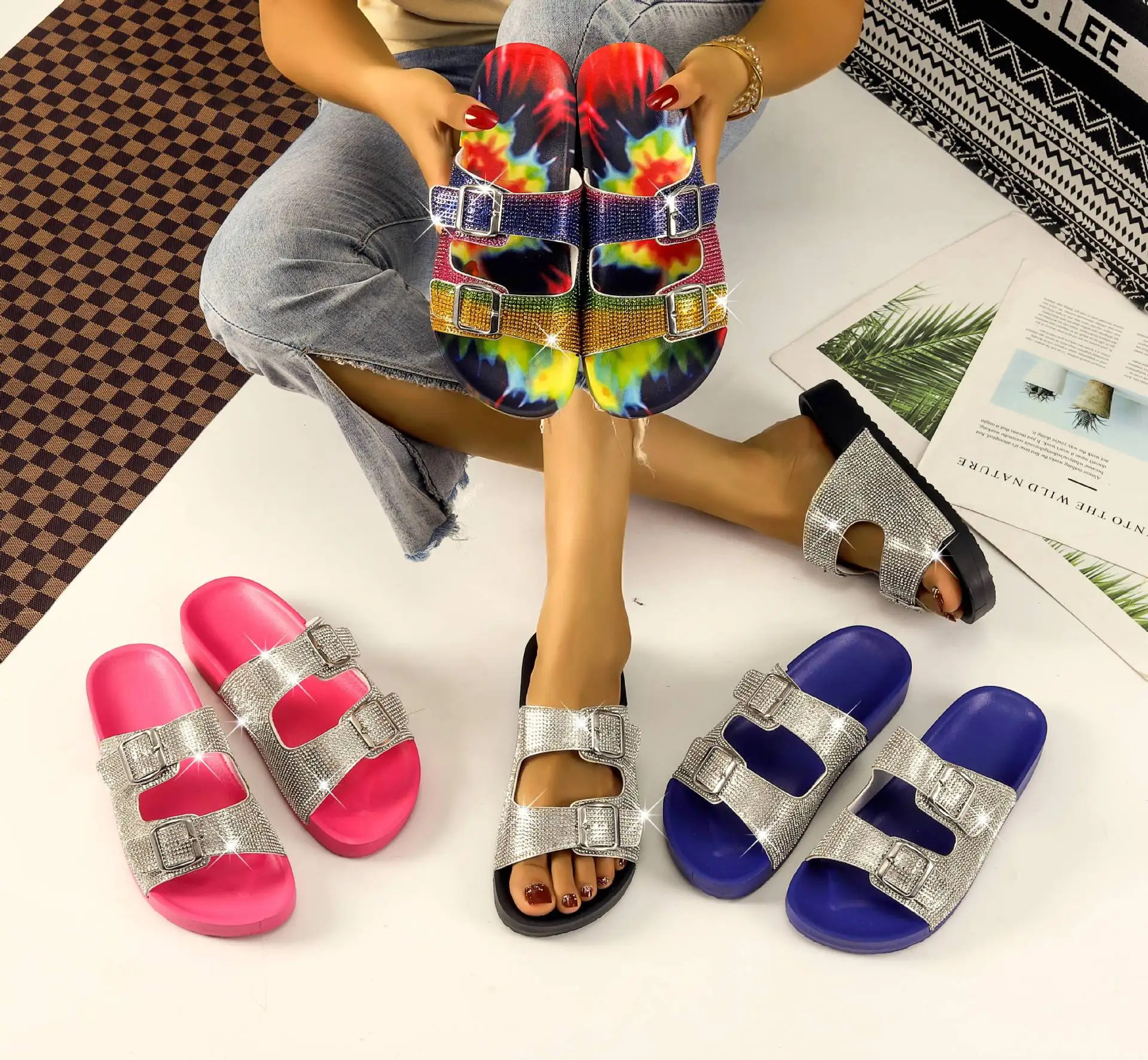 COOL SUMMER RAINBOW RHINESTONE WOMEN SLIPPERS DYE DIAMOND LADIES FLAT SLIDES SLIDE ON INDOOR OUTDOOT BEACH SANDALS, Rainbow,rose red,blue,black
COOL SUMMER RAINBOW RHINESTONE WOMEN SLIPPERS DYE DIAMOND LADIES FLAT SLIDES SLIDE ON INDOOR OUTDOOT BEACH SANDALS, Rainbow,rose red,blue,black
