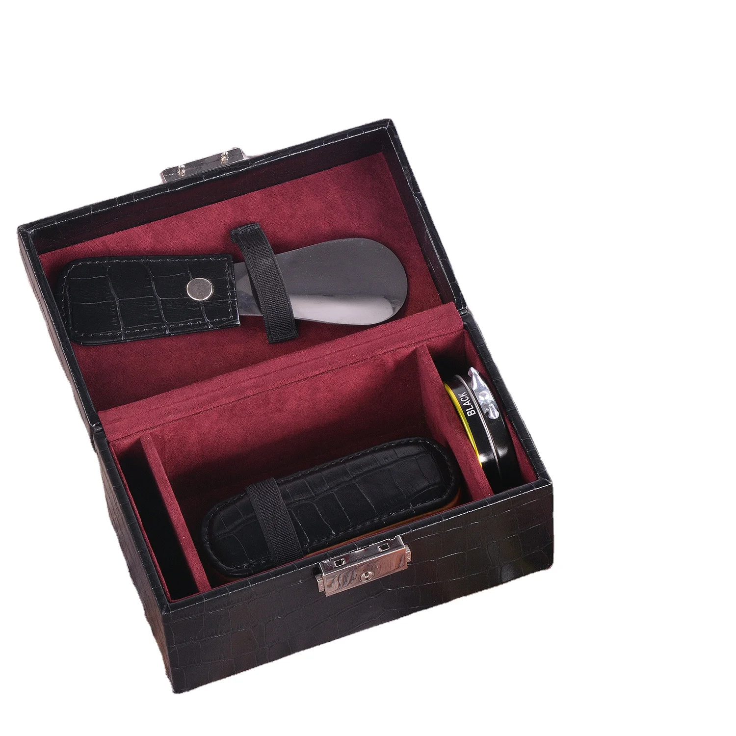 Shoe Shine Kit with PU Leather Sleek Elegant Shoe Case 5-Piece Travel Shoe Shine Brush kit, Black
Shoe Shine Kit with PU Leather Sleek Elegant Shoe Case 5-Piece Travel Shoe Shine Brush kit, Black