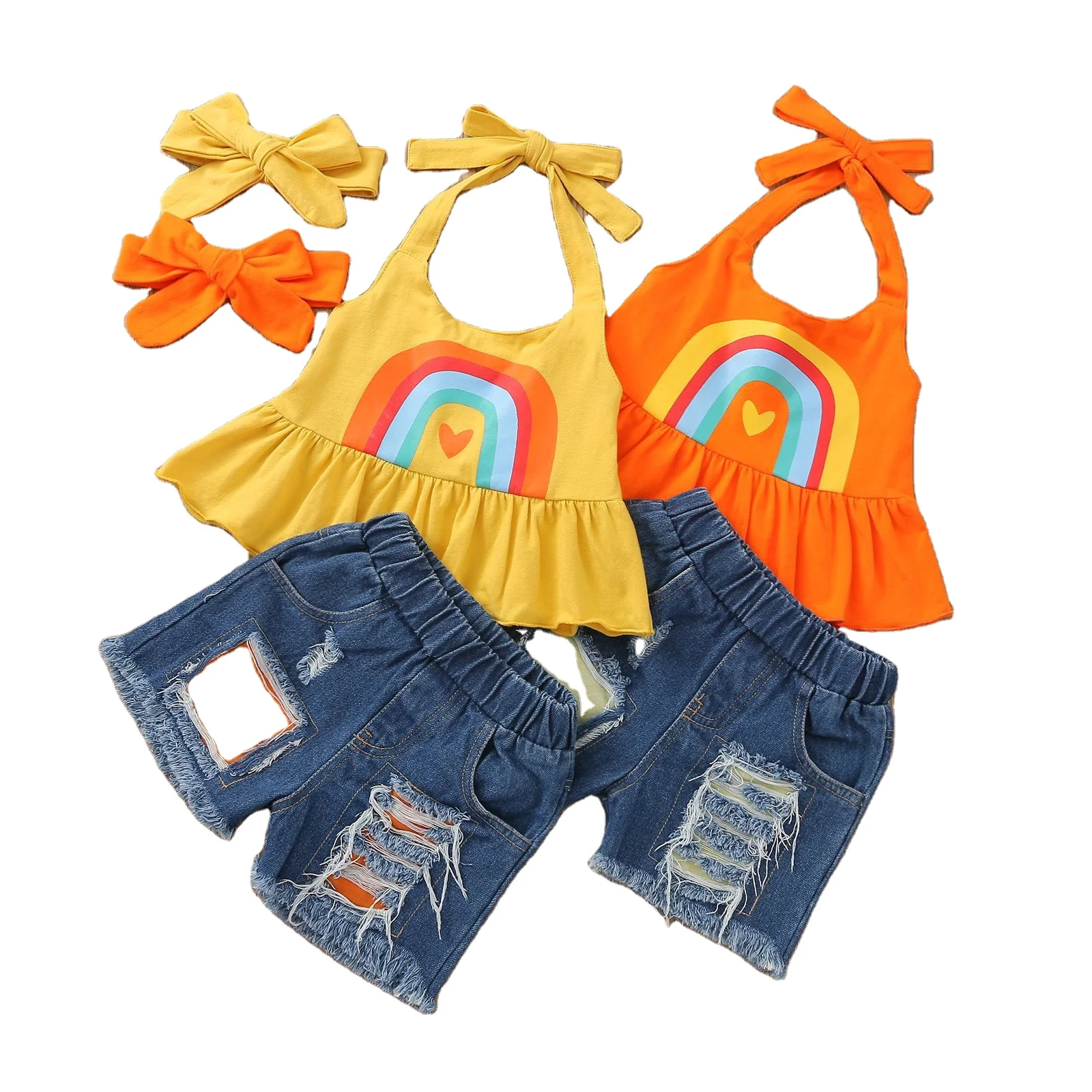2021 2PCS Fashion Girls Summer Clothing set kids halter t-shirt denim shorts outfit girls rainbow summer clothes, Picture
2021 2PCS Fashion Girls Summer Clothing set kids halter t-shirt denim shorts outfit girls rainbow summer clothes, Picture