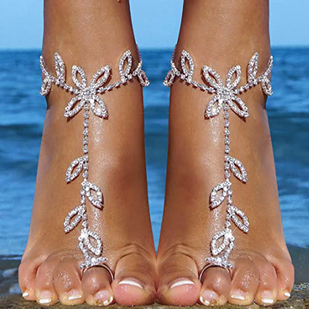 

Personality Foot Ankle Chain Beach Wedding Anklet Barefoot Sandals Jewelry Leaf Rhinestone Anklets For Women Lady