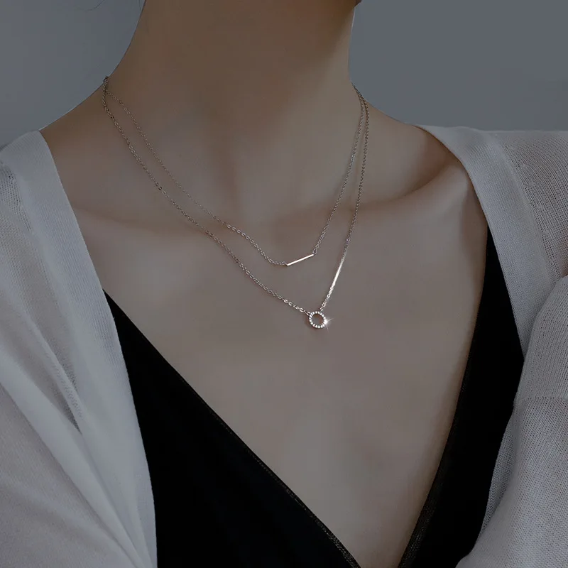 

Light Luxury 925 Sterling Silver Rose Gold Double Layers Necklace Simple Circle Pendant Silver Choker Necklace for Women