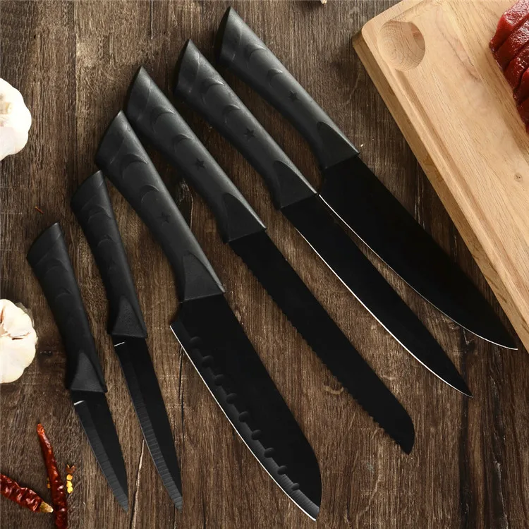 Fast shipping high quality all black colored 6 pcs kitchen knife sets with custom LOGO
Fast shipping high quality all black colored 6 pcs kitchen knife sets with custom LOGO