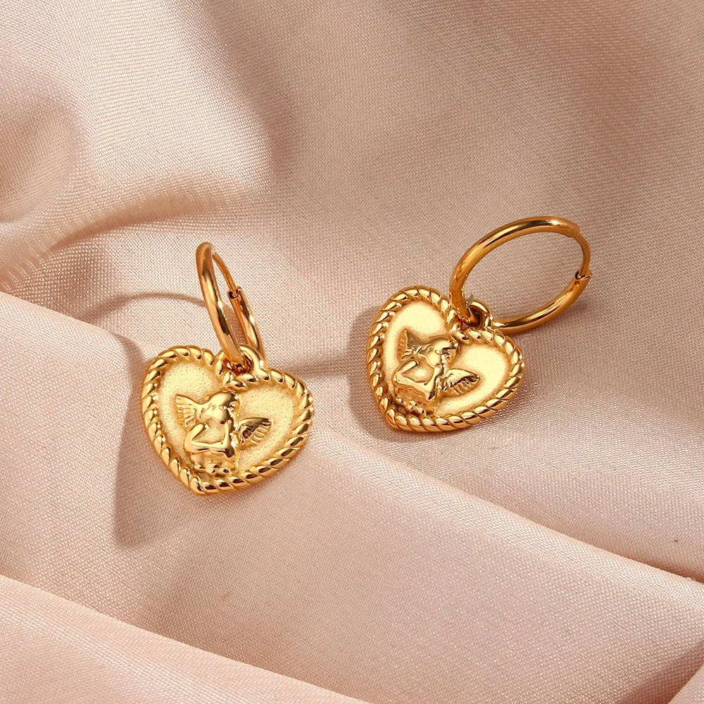 

Valentine's Day Gift Ideas Heart Shape Engraved Angel Drop Earring Gold Plated Stainless Steel Jewelry For Women