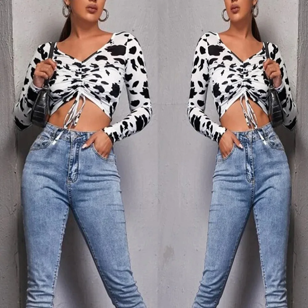 Hot Style Women's Sexy Cow Block Printed Tops Tie Knot Front Deep V Neck Pleated Long Sleeve Crop T-Shirts For Lady
Hot Style Women's Sexy Cow Block Printed Tops Tie Knot Front Deep V Neck Pleated Long Sleeve Crop T-Shirts For Lady