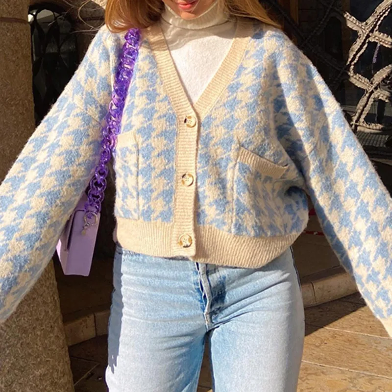 Wholesale Houndstooth Print Autumn Casual Cardigan Women V-neck Vintage Single-breasted Sweater Kawaii Harajuku Pullover
Wholesale Houndstooth Print Autumn Casual Cardigan Women V-neck Vintage Single-breasted Sweater Kawaii Harajuku Pullover