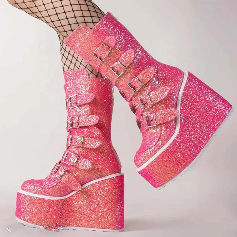 Women Dress Shoes Fancy Glitter Buckle Strap Platform Boots Super High Heel Lady's Fashion Knee High Boots Winter, Black white pink
Women Dress Shoes Fancy Glitter Buckle Strap Platform Boots Super High Heel Lady's Fashion Knee High Boots Winter, Black white pink