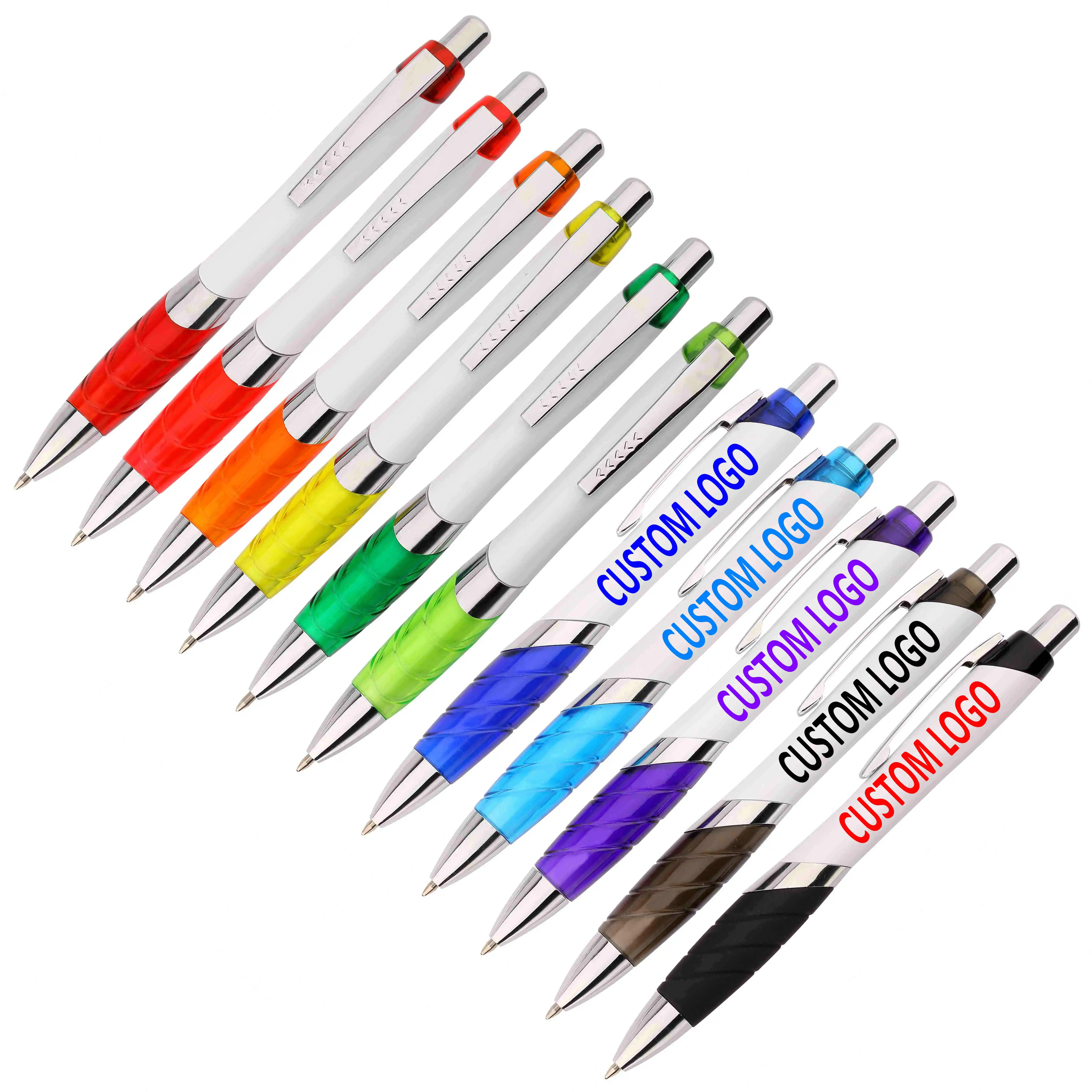 

customized plastic retractable ballpoint pen with grip and metal clip-custom logo ball pens black or blue ink fast delivery