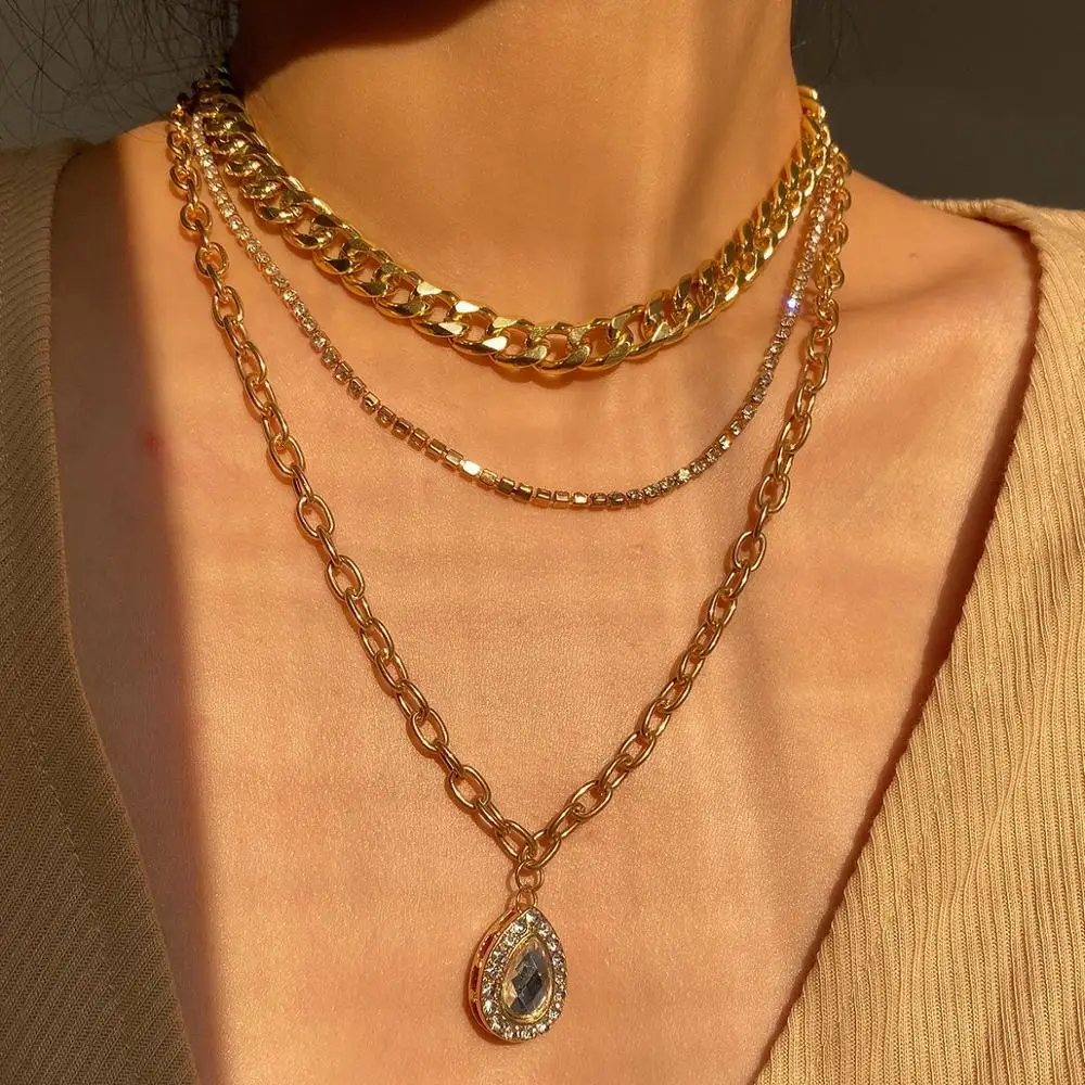 Punk multilayer metal chain diamond necklace personalized drop water zircon pendant necklace (KNK5151), Silver, gold
Punk multilayer metal chain diamond necklace personalized drop water zircon pendant necklace (KNK5151), Silver, gold