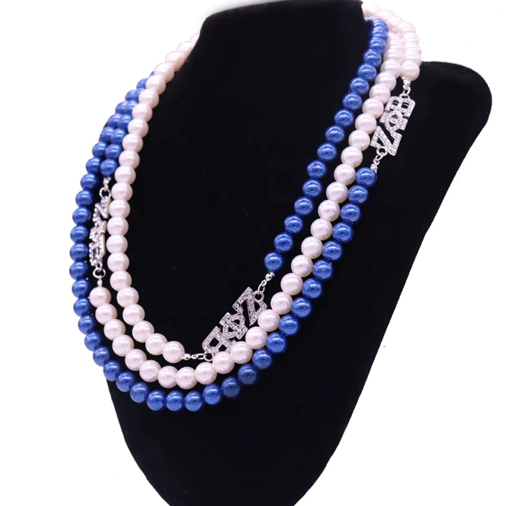 

ZETA PHI BETA statement pearl necklace blue white ABS pearl jewelry greek letter ZPB sorority bead necklace