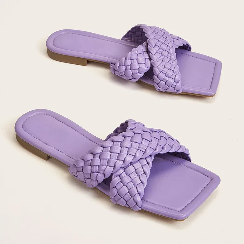 

plaited detail cross strap female slippers square toe summer fashion lady flats mules outer wear women slides sandals