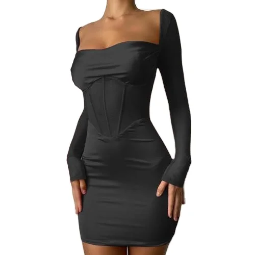 

New Autumn Winter Mesh Patchwork Sexy Strapless Long Sleeve See Through Mini Women Party Dress in 2022 she in, Picture color