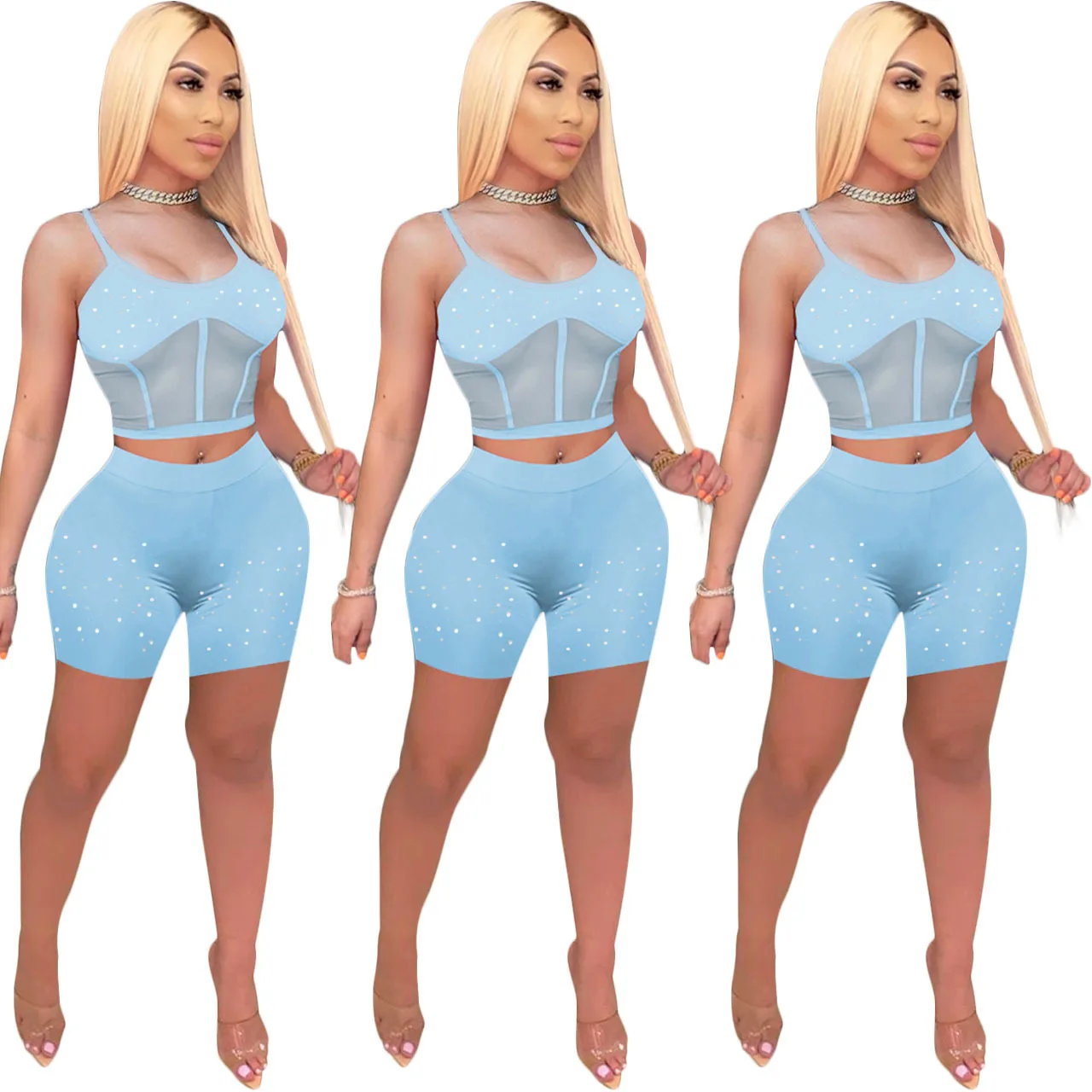 Trend Streetwear Workout Matching Sleeveless Strap Mesh Crop Top Rhinestone Club Outfit Summer Clothing 2 Piece Women Short Sets
Trend Streetwear Workout Matching Sleeveless Strap Mesh Crop Top Rhinestone Club Outfit Summer Clothing 2 Piece Women Short Sets