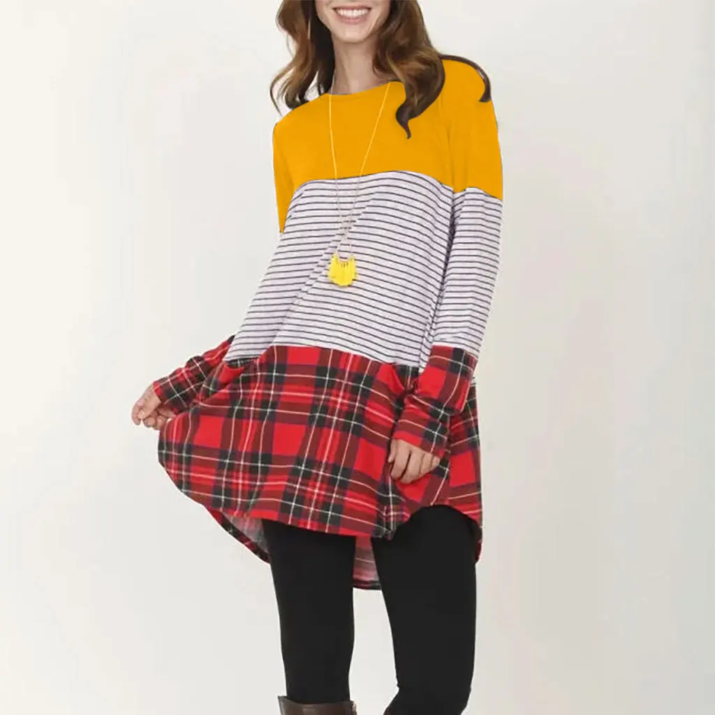 2021 New Stitching long-sleeved dress T shirt Plaid round neck and large swing loose waist midi skirt
2021 New Stitching long-sleeved dress T shirt Plaid round neck and large swing loose waist midi skirt
