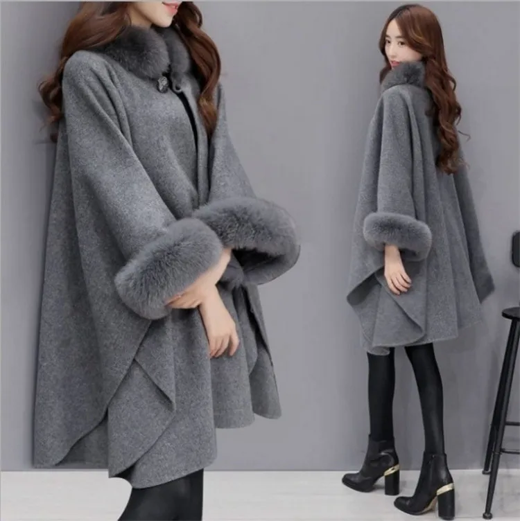 

YQ175 free shipping New Winter Womens Parka Casual Wool Coat Women Fur Coats Woman Clothes Cloak Shawl Poncho Jacket