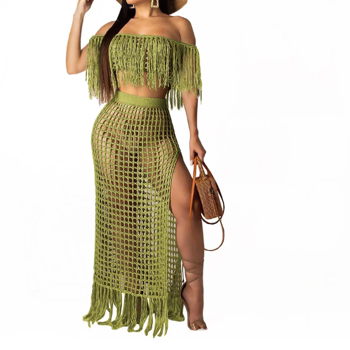 Women's Two Piece Set Off Shoulder Tube Top Mesh Tassel Side Slit Skirt Beach Summer Dress Sexy Hollow Out 2 Piece Skirt
Women's Two Piece Set Off Shoulder Tube Top Mesh Tassel Side Slit Skirt Beach Summer Dress Sexy Hollow Out 2 Piece Skirt