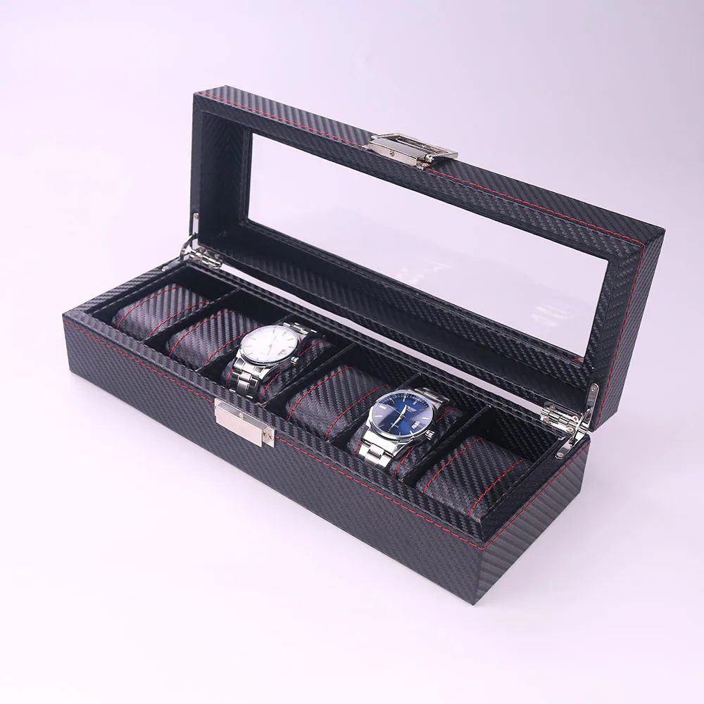 wholesale black carbon fiber red line stitching 6 pieces watch display box glass Windows custom logo W89, Customized
wholesale black carbon fiber red line stitching 6 pieces watch display box glass Windows custom logo W89, Customized