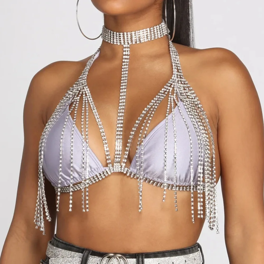 Bling Rhinestone Body Chain Bra Harness Lingerie for Women Sexy Body Jewelry Tassel Chest Necklace Double Layer Chain (KW050), Silver
Bling Rhinestone Body Chain Bra Harness Lingerie for Women Sexy Body Jewelry Tassel Chest Necklace Double Layer Chain (KW050), Silver