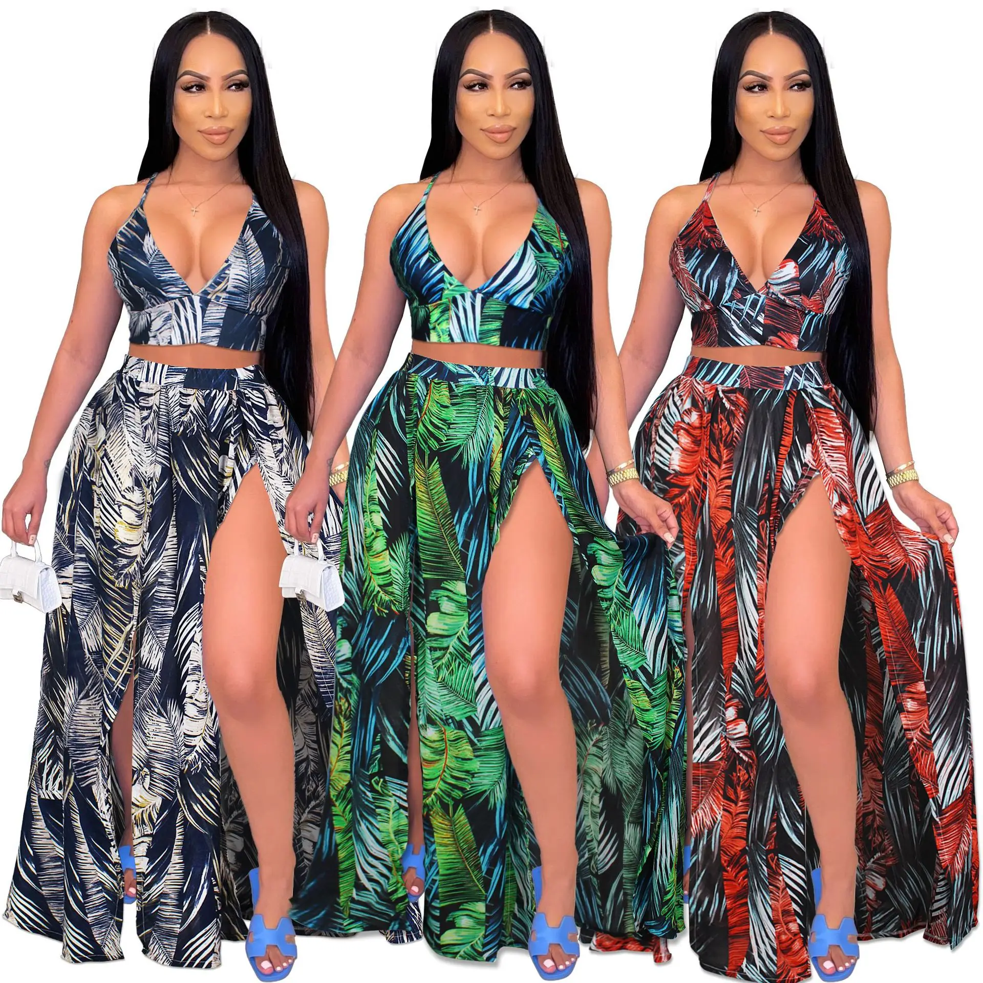 GX0384 Wholesale summer dress sexy printed adjustable sling crop top and high split two piece beach long skirt set, Picture
GX0384 Wholesale summer dress sexy printed adjustable sling crop top and high split two piece beach long skirt set, Picture