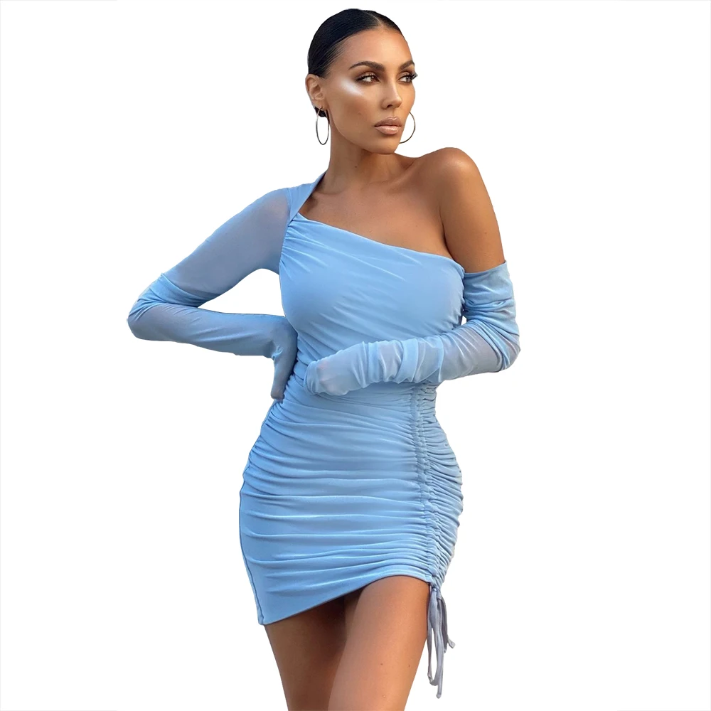 2021 Sexy Solid Color One Shoulder Mesh Long Sleeve Pleated Ruched Mini Women Bodycon Dress
2021 Sexy Solid Color One Shoulder Mesh Long Sleeve Pleated Ruched Mini Women Bodycon Dress