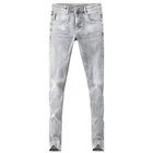 Mens Light Gray Stretch Denim Pants Slim Nostalgia Men Jeans