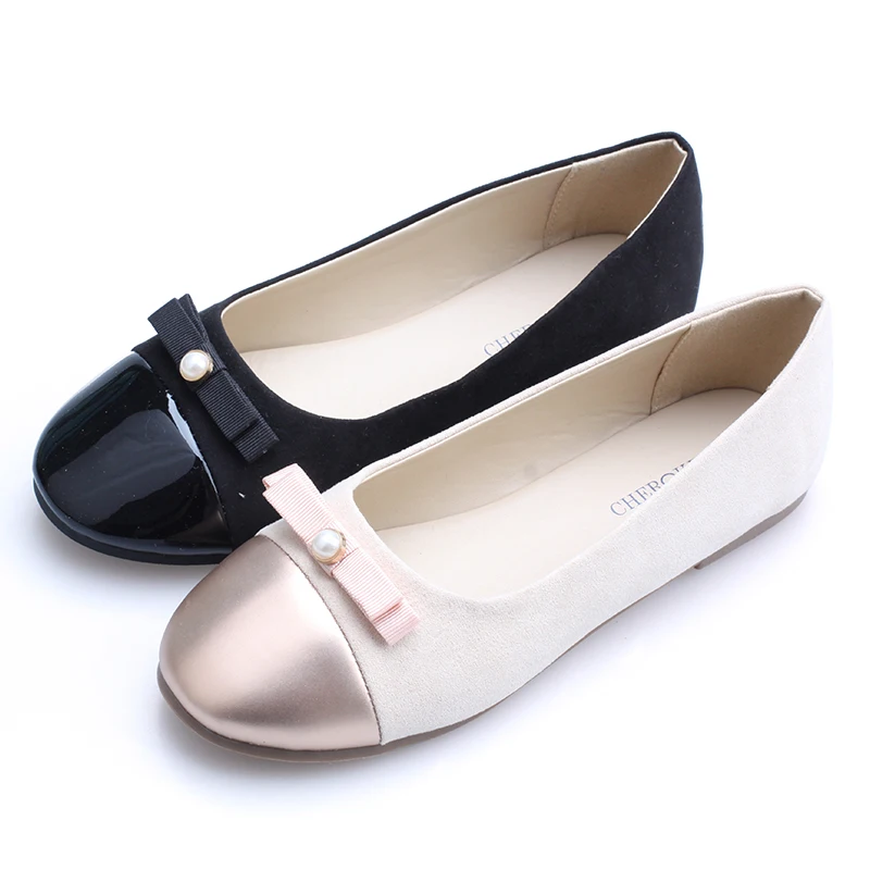 

Beautiful cheap girls school microfiber satin pearl bow patent toe PU lining soft insole flat causal shoes, Black/pink